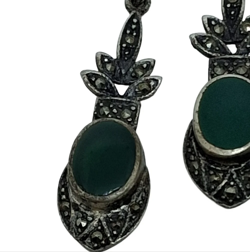 Vintage Sterling Silver Marcasite & Green Onyx Drop Earrings | Art Deco Style - Picture 4 of 5